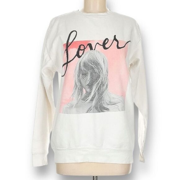 Taylor Swift Lover Graphic Crewneck Sweatshirt White Pink Drop Shoulder Medium